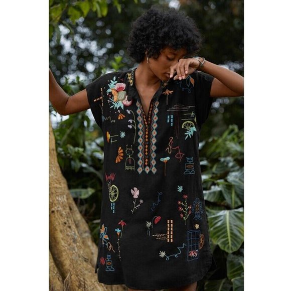 Johnny Was Lemona Dress Floral Embroidery Linen Button Short Flowers Black NEW - Picture 1 of 14
